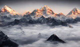 Fototapeta Góry - View of the Himalayas during a foggy sunset night - Mt Everest visible through the fog with dramatic and beautiful lighting