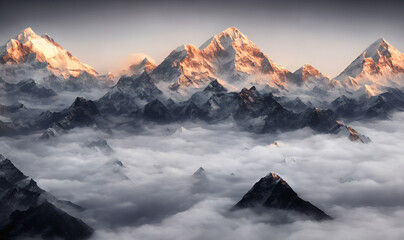 view of the himalayas during a foggy sunset night - mt everest visible through the fog with dramatic