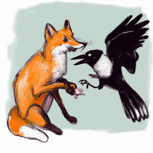 Fox And Black Raven Crow Illustration