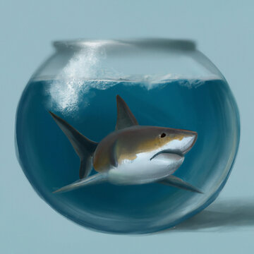 shark inside a fish bowl illustration
