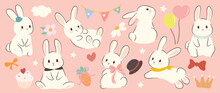 Set Of Cute White Rabbit Element Vector. Adorable Bunny With Different Poses, Carrot, Balloon, Ribbon, Flowers. Collection Of Animal And Many Characters Hand Drawn Design For Decorative, Card, Kids.