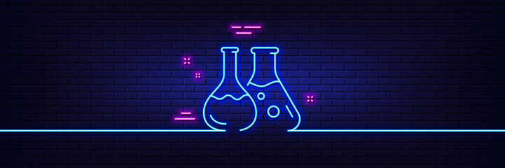 Canvas Print - Neon light glow effect. Chemistry lab line icon. Laboratory flask sign. Analysis symbol. 3d line neon glow icon. Brick wall banner. Chemistry lab outline. Vector