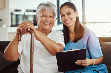 Wall Mural - Nurse, healthcare and senior woman with medical support from doctor, consulting for health or happy in communication in retirement. Portrait of elderly person with trust in caregiver worker in house