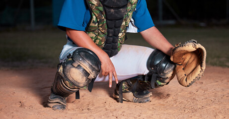 Poster - Baseball, player and sign of a sports hand gesture or signals for game strategy showing curveball on a pitch. Catcher holding ball glove in sport secret for team communication during match at night