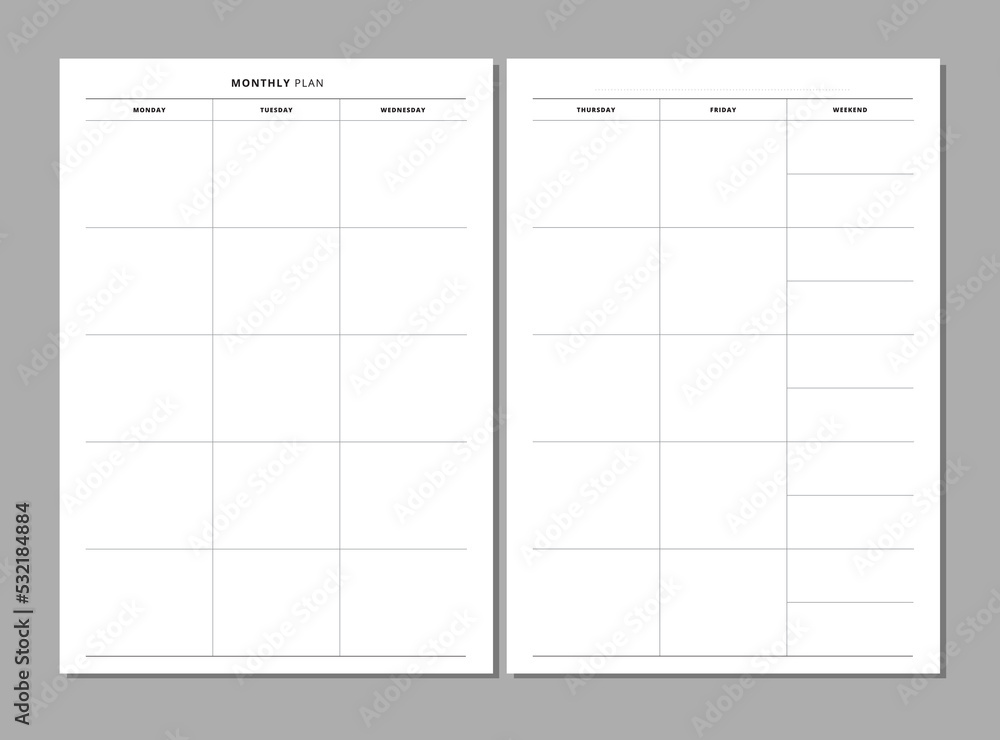 Undated monthly planner inserts. Minimalist blank planner page. Month on 2 pages. Personal organizer printable sheet layout for your A5 planner, calendar, diary. Vector.Print Stock Vector | Adobe Stock undated-monthly-planner-inserts-minimalist-blank-planner-page-month-on-2-pages-personal-organizer-printable-sheet-layout-for-your-a5-planner-calendar-diary-vector-print-stock-vector-adobe-stock
