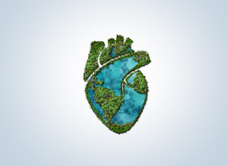 conceptual image of green trees shaped like human heart, green grass shaped in human heart and earth