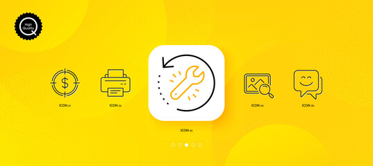 Dollar target, Search photo and Recovery tool minimal line icons. Yellow abstract background. Printer, Smile face icons. For web, application, printing. Aim with usd, Find image, Backup info. Vector