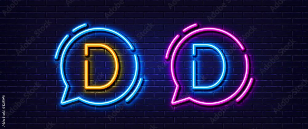 Initial letter D icon. Neon light line effect. Line typography character sign. Large first font letter. Glowing neon light speech bubble. Letter D glow 3d line. Brick wall banner. Vector
