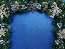 Blue Silver Christmas Theme Flatlay Copyspace
