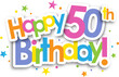 Colorful HAPPY 50th BIRTHDAY! banner with stars on transparent background