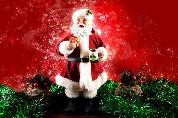 Wall Mural - Santa Claus decoration with red background. Christmas party.