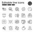 © blankstock - Set of Technology outline icons. Contains icons as Load document, Cyber attack and Presentation elements. Wallet, Seo analysis, Update comments web signs. Quick tips, Search employee. Vector