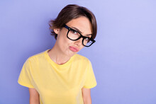 Closeup Photo Of Young Attractive Pretty Gorgeous Woman Wear Eyeglasses Boss Businesswoman Pouted Lips Look You Unsure Isolated On Pastel Purple Color Background