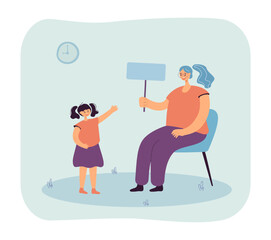 Wall Mural - teacher showing blank sign to little girl. student pointing at placard in hand of woman flat vector 