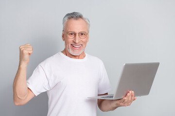 Sticker - Portrait of delighted positive person raise fist celebrate triumph isolated on grey color background