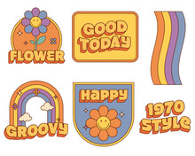 Set Of Cartoon Sticker Pack With Psychedelic Retro 70s Hippie Funky Vintage Funny Style. Flower, Rainbow, Groovy, 1970, Good