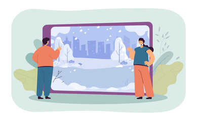 Wall Mural - tiny man and woman near picture of winter landscape on tablet. male and female character studying pa