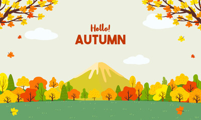 Hello Autumn in Japan background vector illustration. Beautiful autumn landscape with fuji mountain