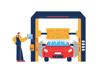 Wall Mural - Automatic car wash tunnel, flat vector illustration isolated on white background.