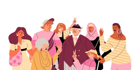 Diverse age, gender and ethnic people, flat vector illustration isolated.