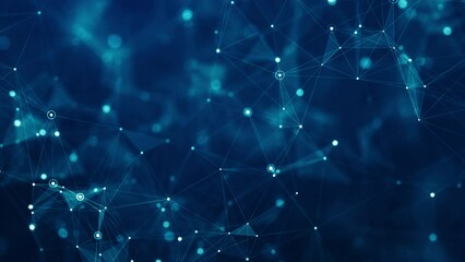 Abstract connected dots and lines on  blue background. Communication and technology network concept with moving lines and dots. 3D rendering Seamless loop. 