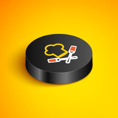 Sticker - Isometric line Chef hat and crossed fork icon isolated on yellow background. Cooking symbol. Restaurant menu. Cooks hat. Black circle button. Vector