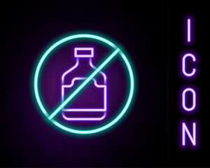 Sticker - Glowing neon line No alcohol icon isolated on black background. Prohibiting alcohol beverages. Forbidden symbol with beer bottle glass. Colorful outline concept. Vector