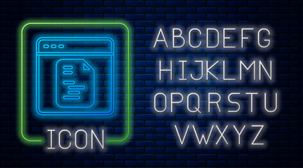 Glowing neon Software, web developer programming code icon isolated on brick wall background. Javascript computer script random parts of program code. Neon light alphabet. Vector