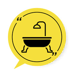 Sticker - Black Bathtub icon isolated on white background. Yellow speech bubble symbol. Vector