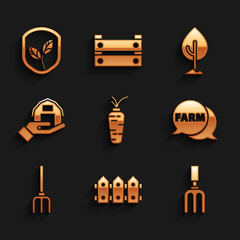 Poster - Set Carrot, Garden fence wooden, rake, Speech bubble with Farm, pitchfork, house in hand, Tree and Shield leaf icon. Vector