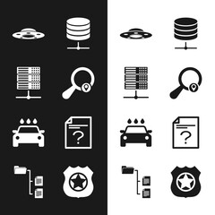 Poster - Set Search location, Server, Data, Web Hosting, UFO flying spaceship, , Car wash and Unknown document icon. Vector