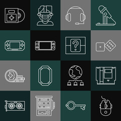 Poster - Set line Computer mouse gaming, Cartridge, Game dice, Headphones, Portable video game console, CD DVD disk box and Mystery random icon. Vector