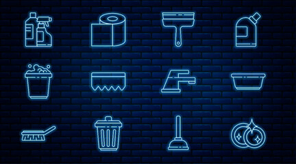 Wall Mural - Set line Washing dishes, Plastic basin, Rubber cleaner for windows, Sponge with bubbles, Bucket soap suds, Bottles cleaning agent, Water tap and Toilet paper roll icon. Vector