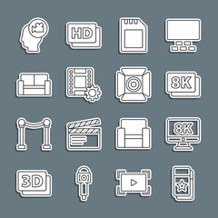 Sticker - Set line Cinema ticket, Monitor with 8k, Ultra HD, SD card, Play Video, chair, Head camera and Movie spotlight icon. Vector