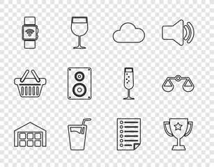 Wall Mural - Set line Warehouse, Trophy cup, Cloud, Glass with water, Smartwatch wireless, Stereo speaker, Document and Scales of justice icon. Vector