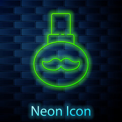 Poster - Glowing neon line Beard and mustaches care oil bottle icon isolated on brick wall background. Glass bottle with pipette. Vector Illustration