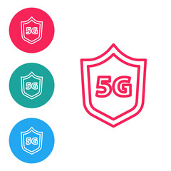 Sticker - Red line Protective shield 5G wireless internet wifi icon isolated on white background. Global network high speed connection data rate technology. Set icons in circle buttons. Vector