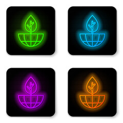 Wall Mural - Glowing neon line Earth globe and plant icon isolated on white background. World or Earth sign. Geometric shapes. Environmental concept. Black square button. Vector