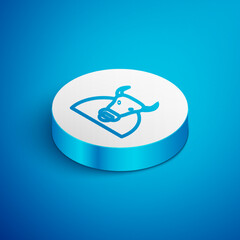 Poster - Isometric line Bull icon isolated on blue background. Spanish fighting bull. White circle button. Vector