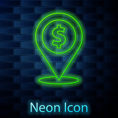 Poster - Glowing neon line Cash location pin icon isolated on brick wall background. Pointer and dollar symbol. Money location. Business and investment concept. Vector