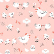 Сhildish pattern with chickens and hen, kids print. Spring seamless background, cute vector texture for kids bedding, fabric, wallpaper, wrapping paper, textile, t-shirt print