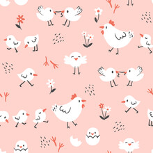 Сhildish Pattern With Chickens And Hen, Kids Print. Spring Seamless Background, Cute Vector Texture For Kids Bedding, Fabric, Wallpaper, Wrapping Paper, Textile, T-shirt Print