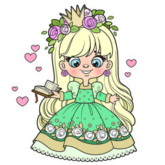 Sticker - Cute long haired cartoon princess girl with book color variation for coloring page on white background