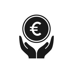 Wall Mural - Euro coin on hand. Investment, earnings, income, donation icon flat style isolated on white background. Vector illustration