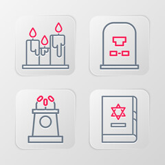 Sticker - Set line Jewish torah book, Stage stand tribune, Tombstone with RIP written and Burning candles icon. Vector