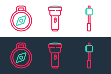 Sticker - Set line Marshmallow on stick, Compass and Flashlight icon. Vector