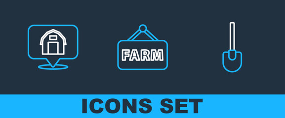 set line shovel, location farm house and signboard with text farm icon. vector