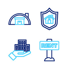 Poster - Set line Hanging sign with Rent, Skyscraper, House shield and Warehouse icon. Vector