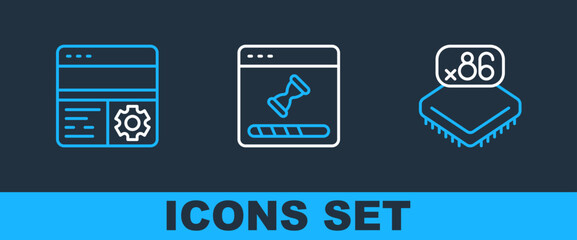 Set line Processor with microcircuits CPU, Debugging and Loading data window icon. Vector
