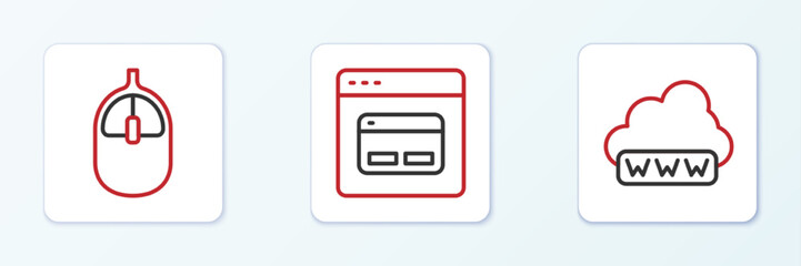 Set line Web development, Computer mouse and Search engine icon. Vector